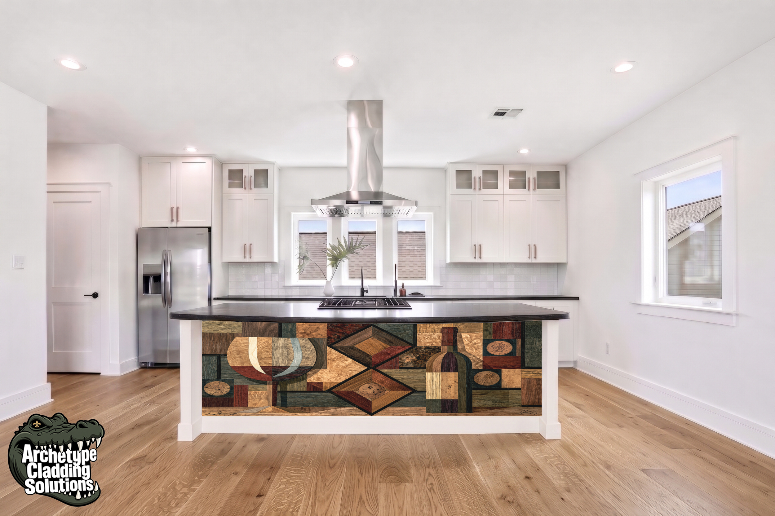 Vintage Cork, Wine & Glass Wood Marquetry – Architectural Kitchen Island Cladding