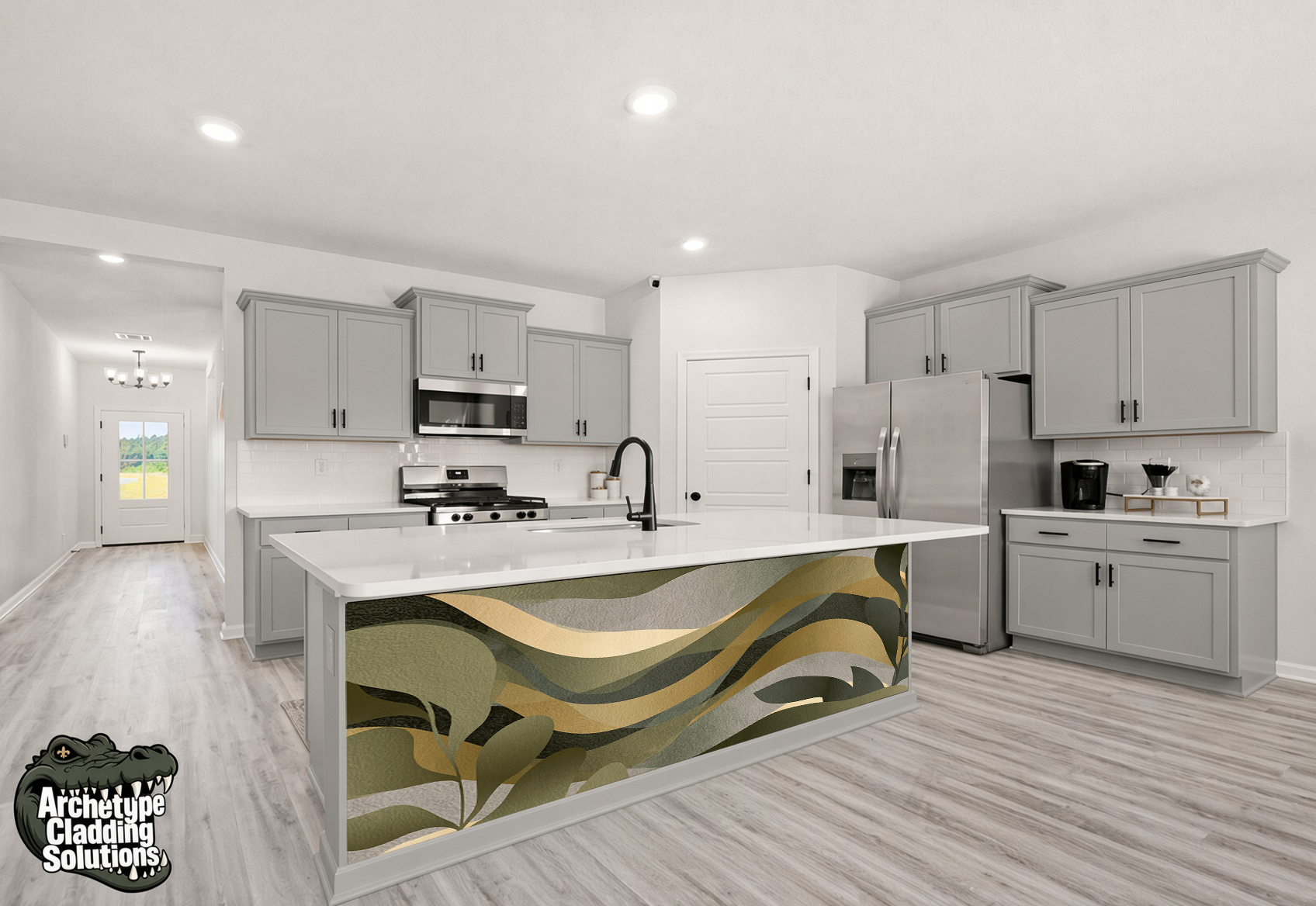 Emerald & Sage Abstract Foliage – Architectural Kitchen Island Cladding