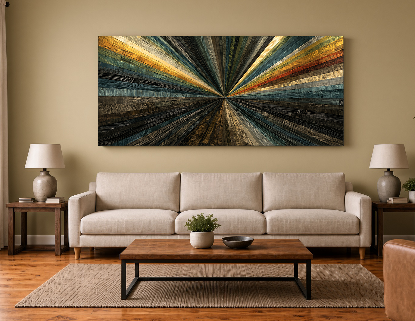 Radiant Horizon: Modern Geometric Wood Sunburst