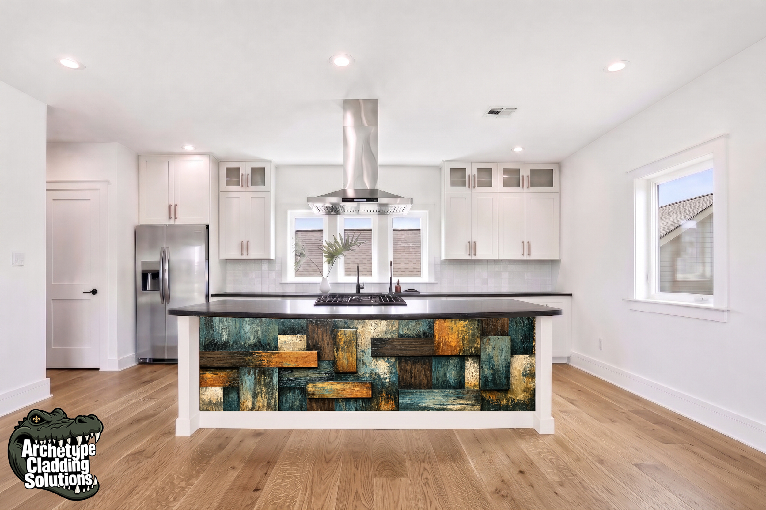 Teal & Amber Ochre Distressed Wood Block – Architectural Cladding Panels