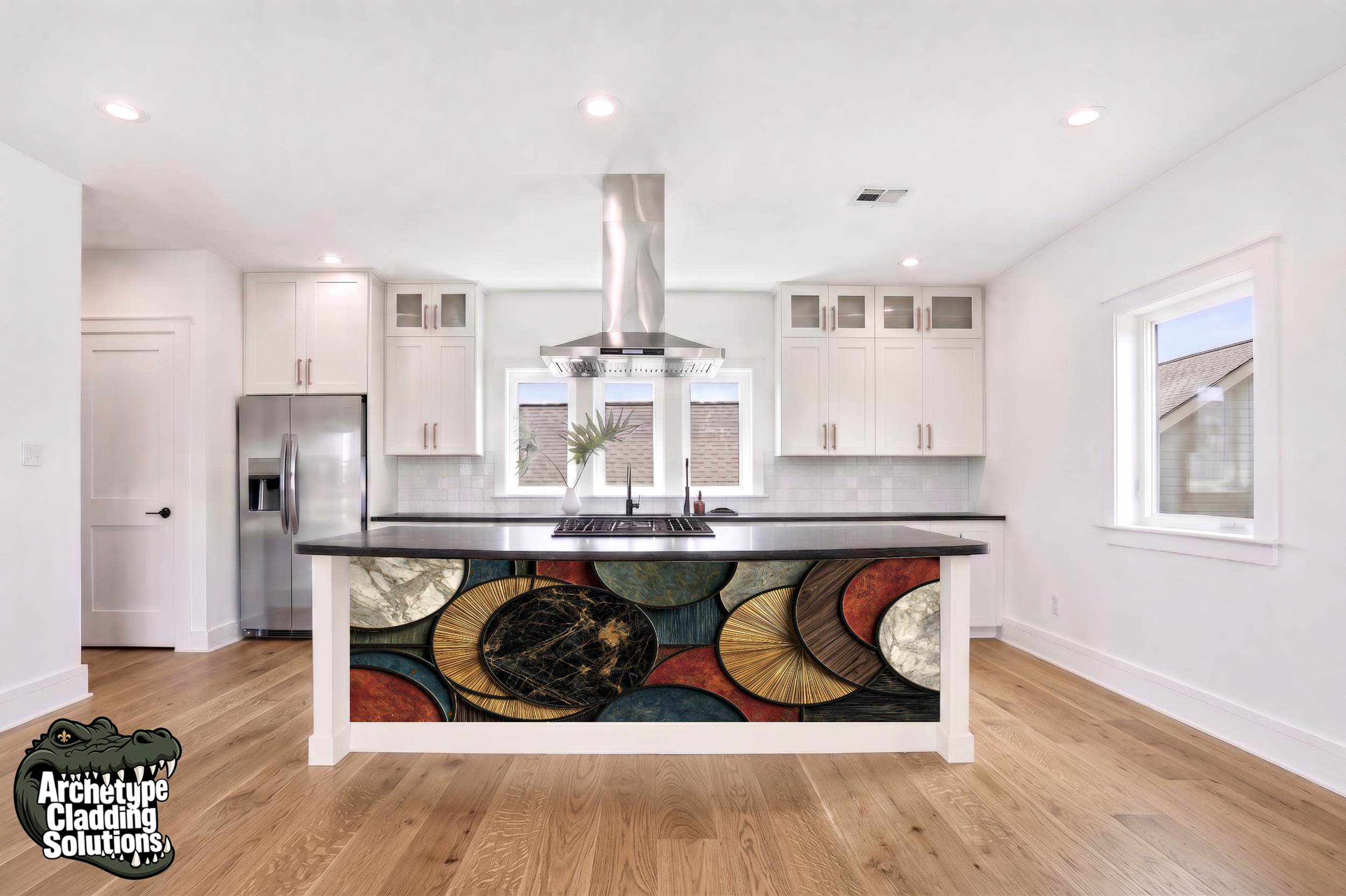 Stone & Wood Concentric Circle Mosaic – Architectural Kitchen Island Cladding