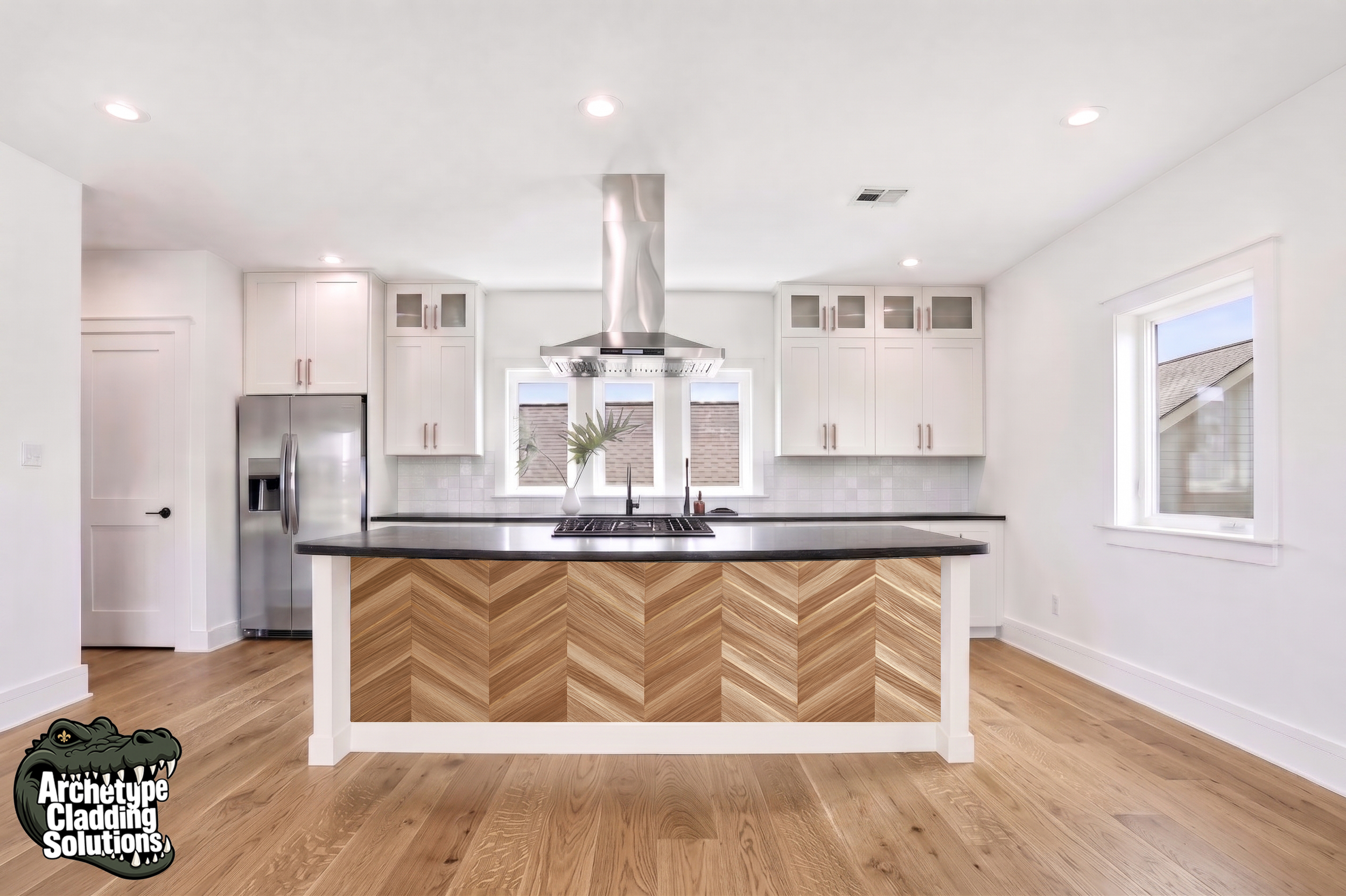 Warm Oak Chevron Parquet – Architectural Kitchen Island Cladding