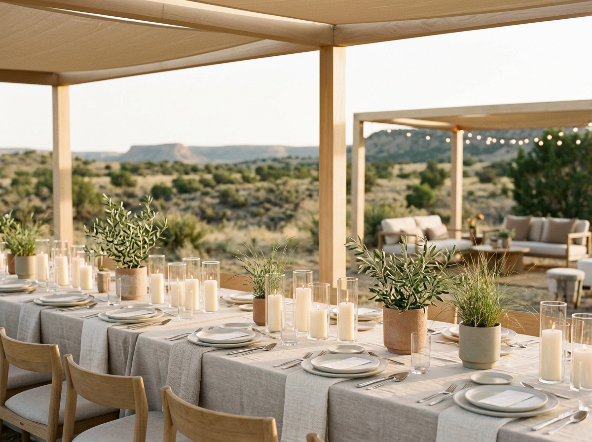 Long dining table set with plates, silverware, glassware, and potted plants, under a wooden canopy with a desert landscape in the background.