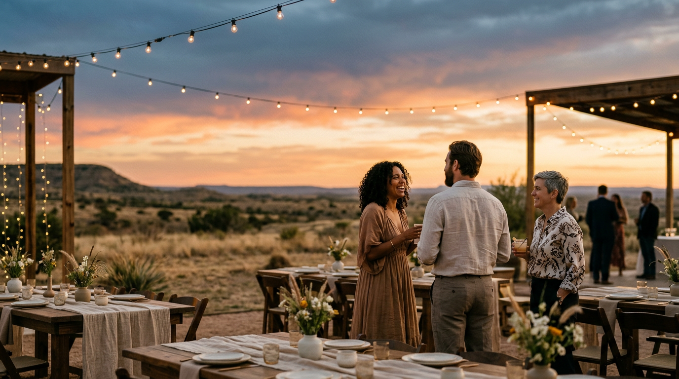 People socializing at an outdoor dinner event during sunset, with string lights overhead and decorated tables with flowers.