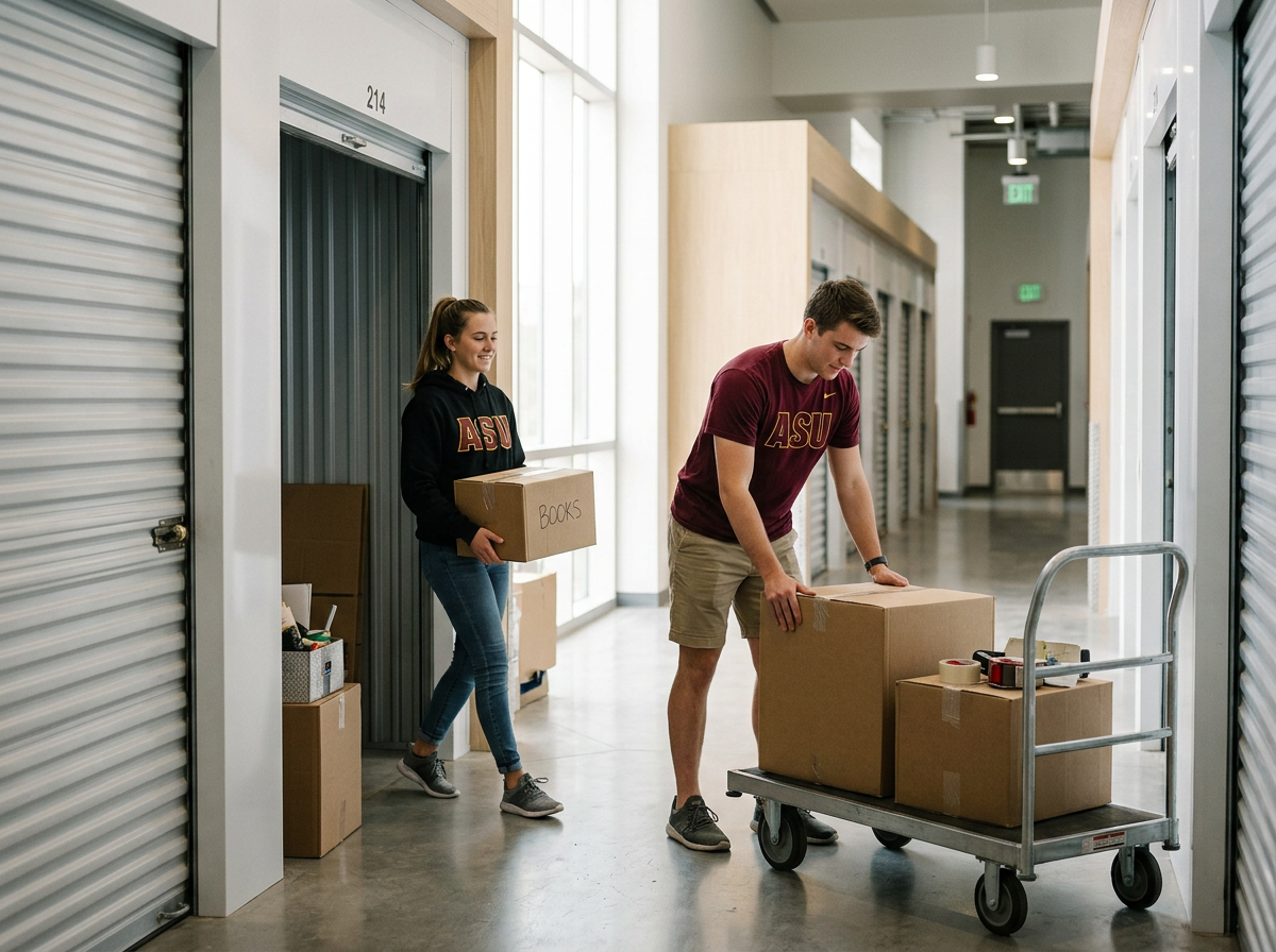 Two young adults moving boxes in a building hallway. The woman is carrying a box labeled 'Books' and is smiling. The man is pushing a cart with several boxes.