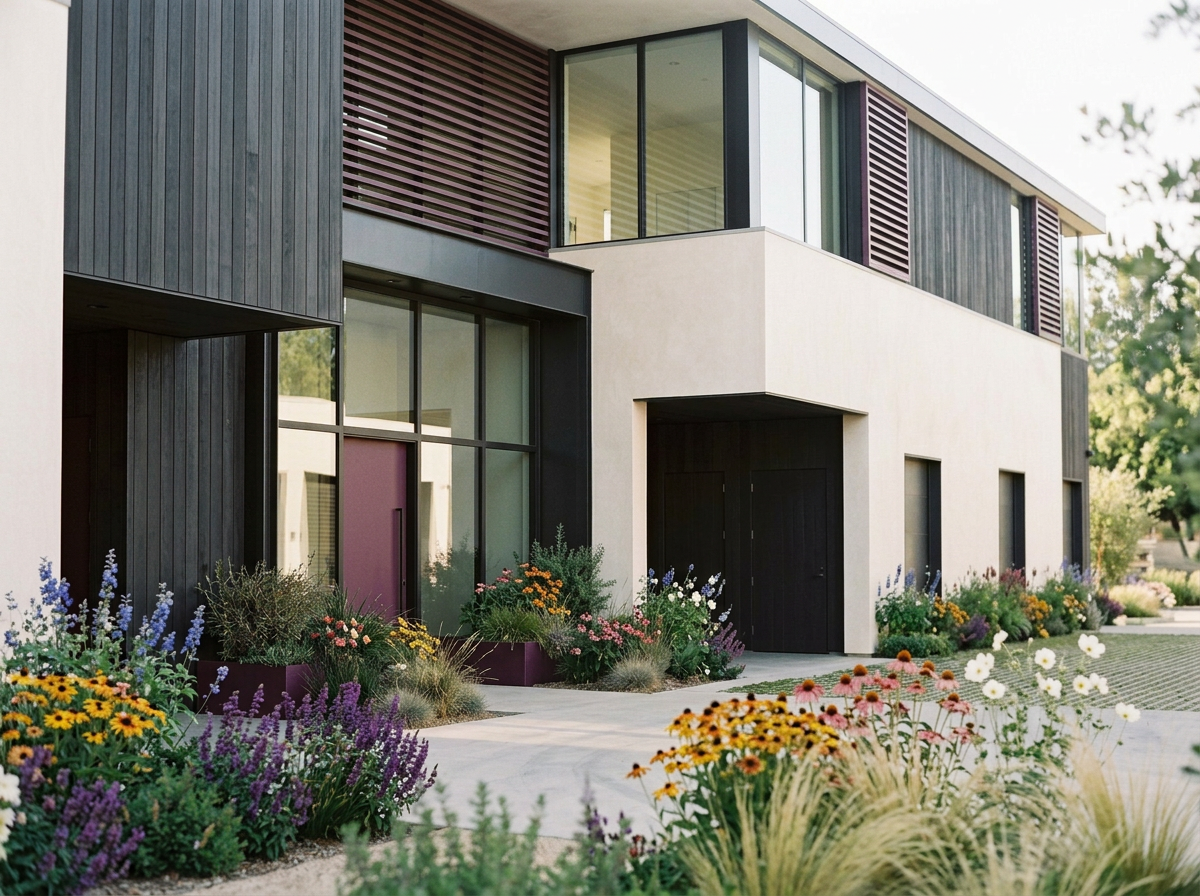 Modern two-story house with large glass windows, black and beige exterior walls, black shutters, and a garden with colorful flowers