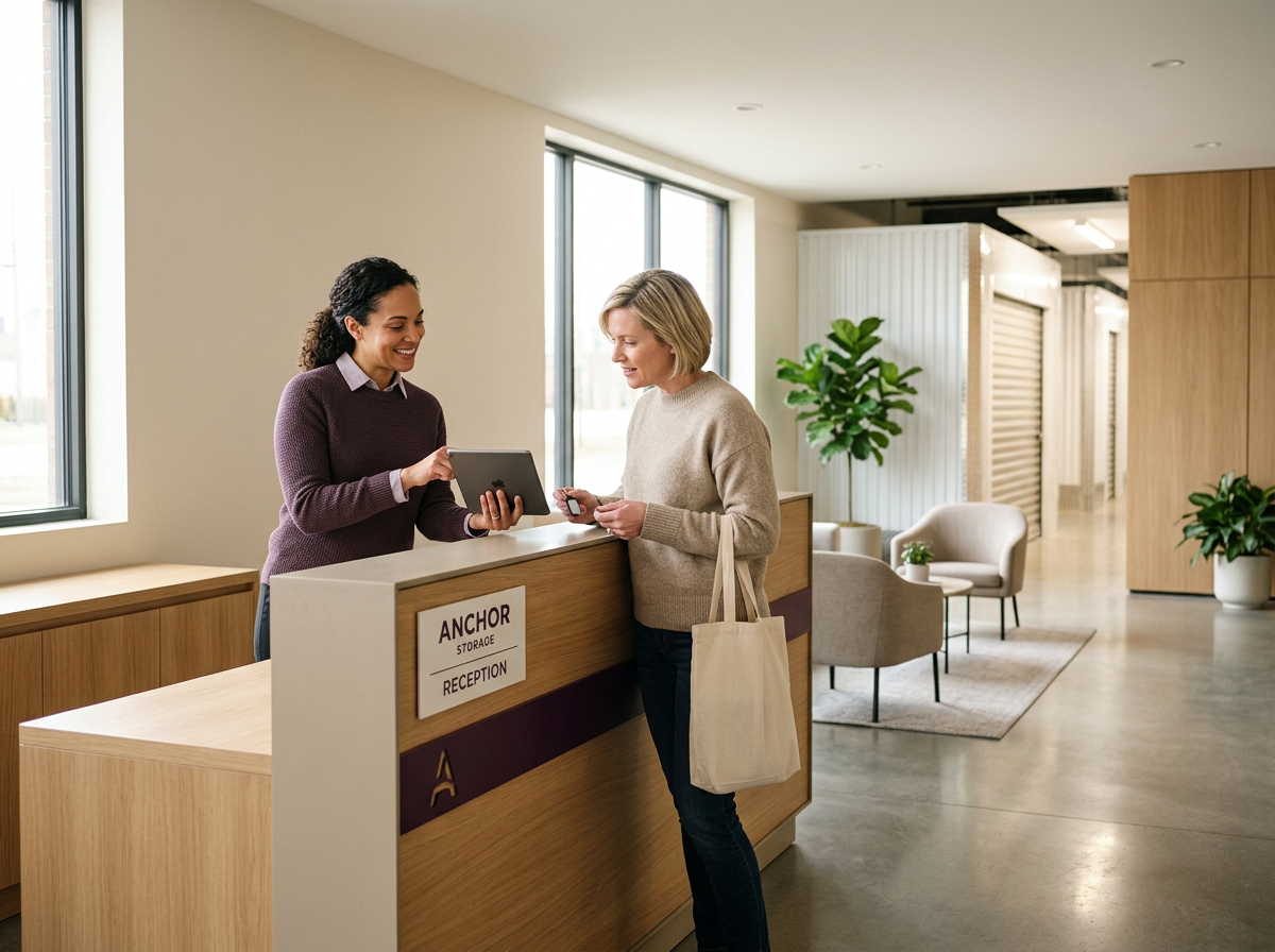 A woman at a reception desk interacting with a receptionist at the Anchor Storage facility.