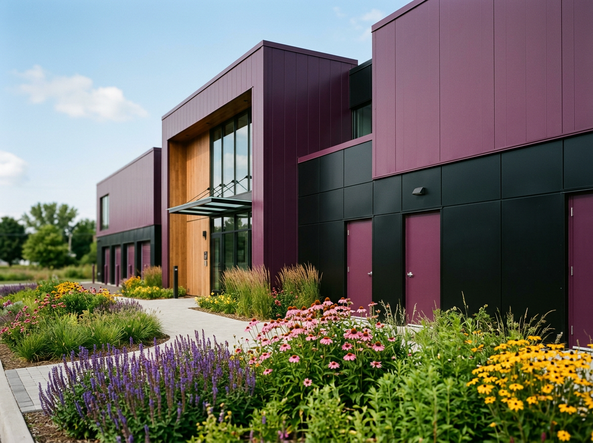 Colorful modern building with purple and black exterior walls, surrounded by a landscaped garden with purple, pink, yellow, and green plants and flowers, and a concrete pathway leading to the entrance.