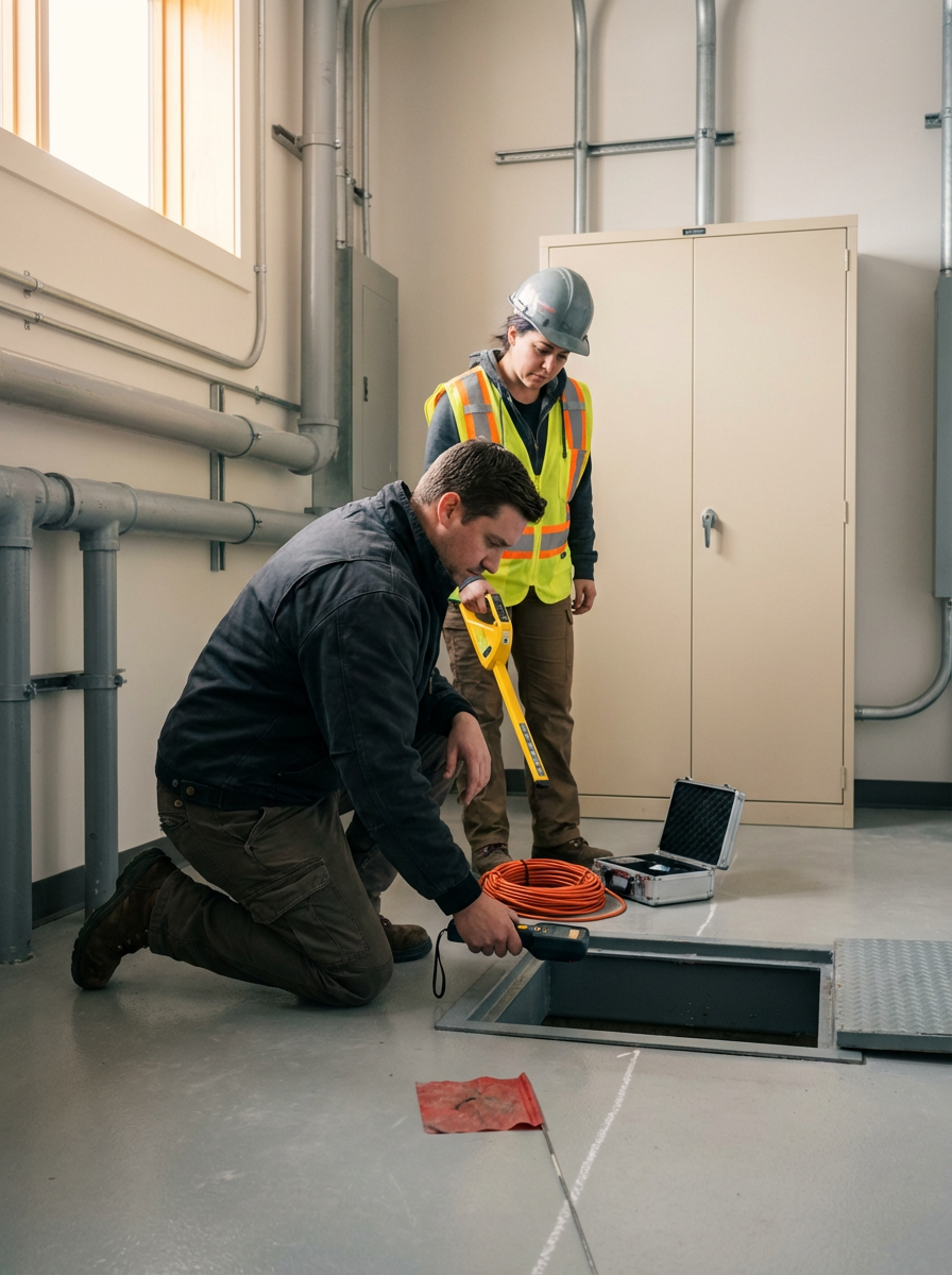 Two workers, one man kneeling and one woman standing, are inspecting electrical equipment or wiring in an industrial setting. The man is using a device, and the woman is observing while wearing a safety helmet and high-visibility vest.
