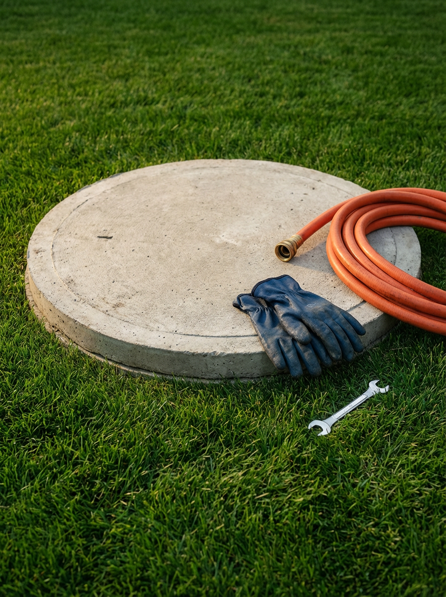A concrete manhole cover on grass with a coiled orange hose, a pair of dark work gloves, and a wrench nearby.