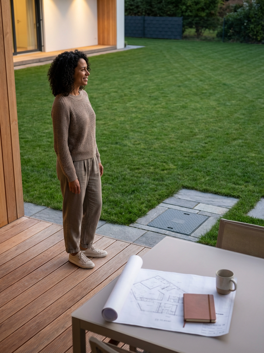 A woman standing on a wooden patio looking outside at a green lawn with a house and garden in the background.