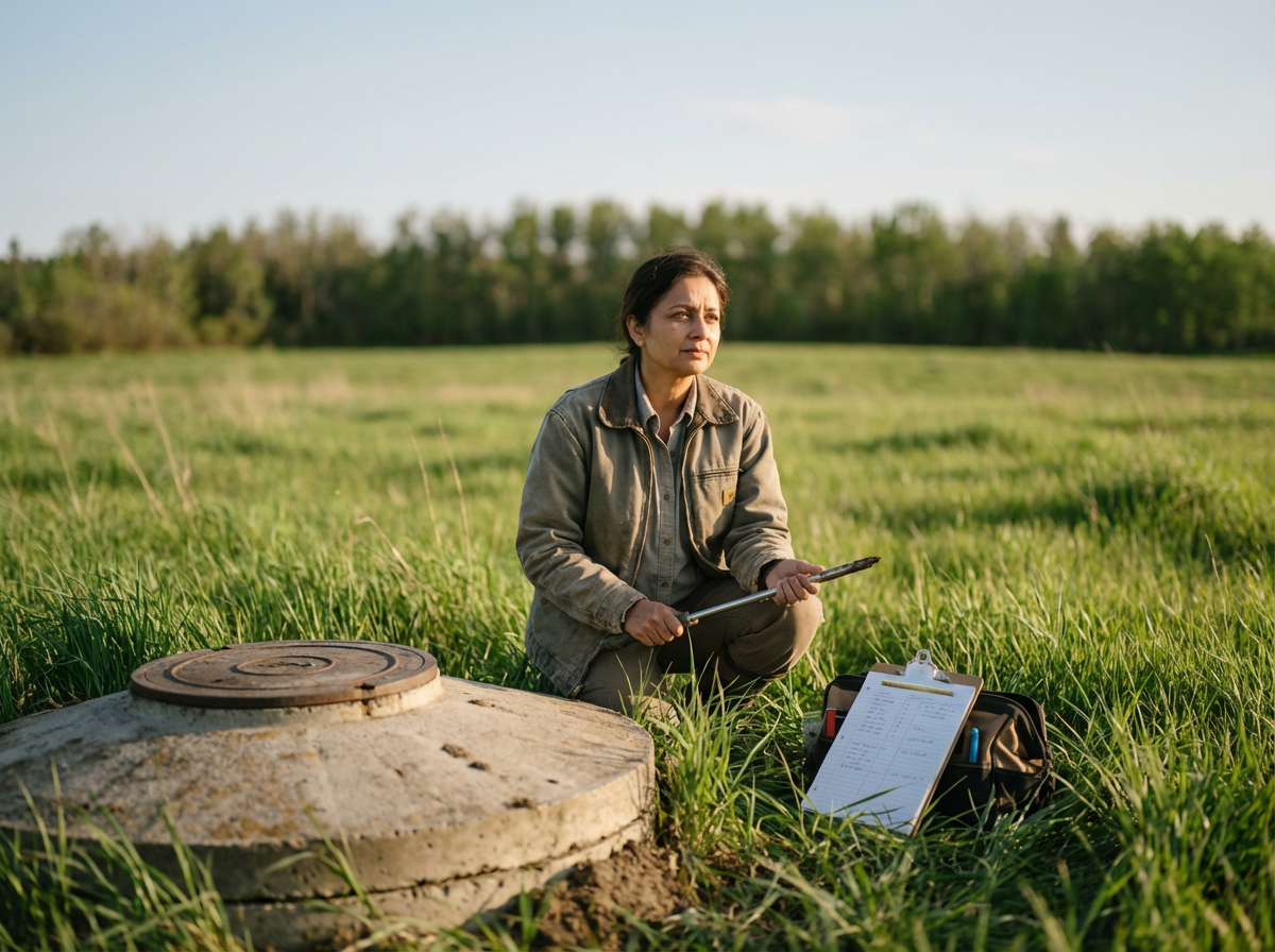 A woman sitting on grass in a field with a clipboard and tools, surrounded by greenery and trees, during daylight.