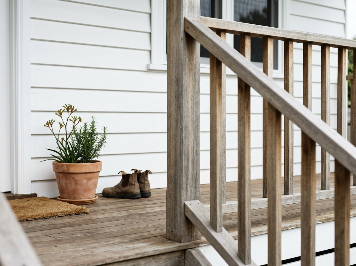 Front porch with white siding, a potted plant, and a pair of brown boots on the wooden floor.