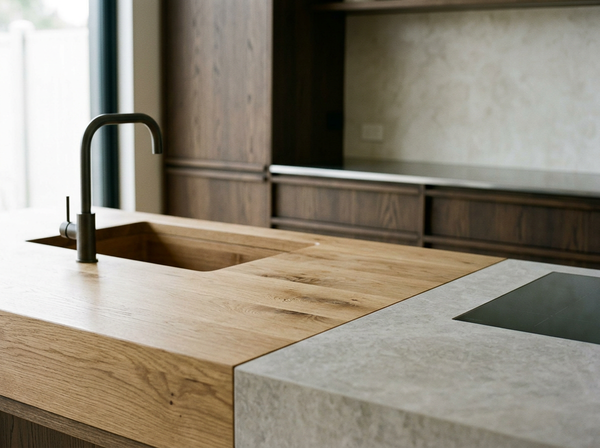 Modern kitchen island with a wooden countertop, built-in sink, and black faucet, with dark wood cabinets in the background.