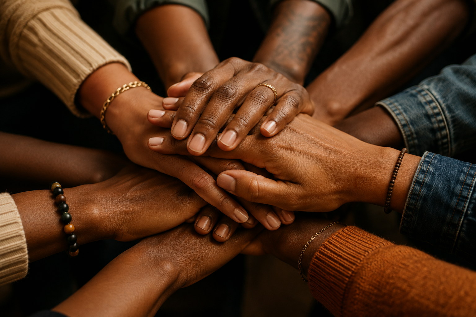 A diverse group of people stacking their hands in support and solidarity.