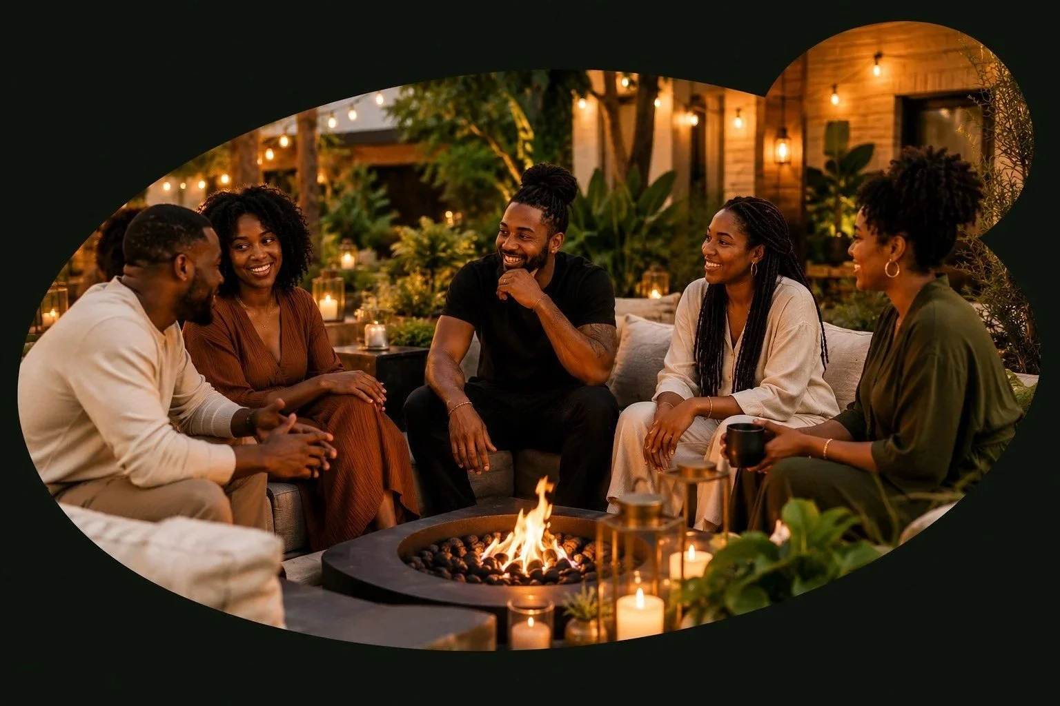 A diverse group of friends gathered around a fire in a peaceful outdoor setting