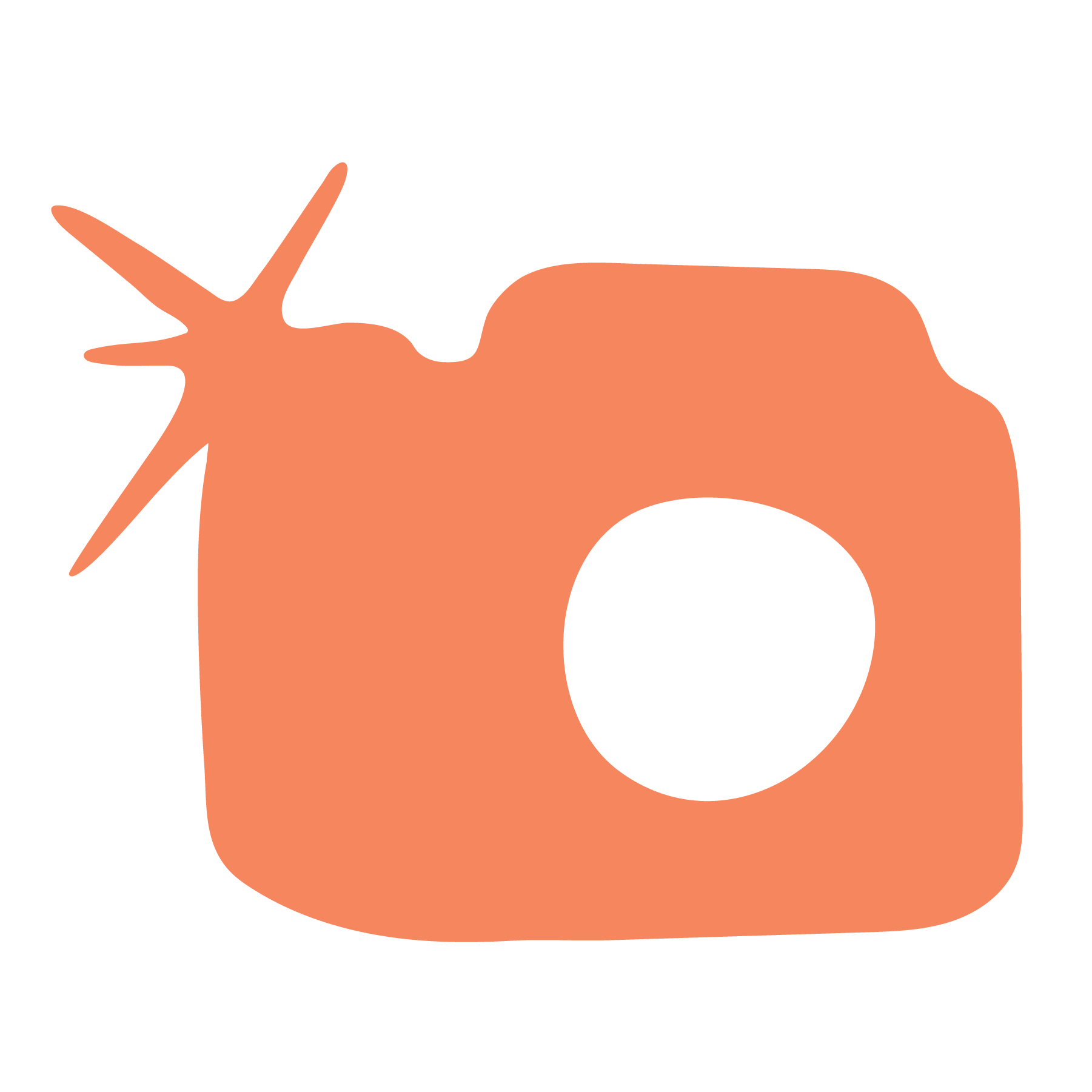 A stylized, orange camera icon with a large black circular lens and a two-pronged flash on the top left