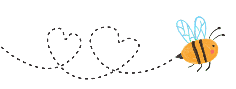 Hand-drawn bumblebee flying along a dashed trail that loops into two hearts