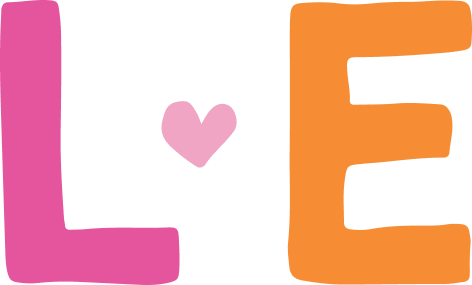 Little Eden "L·E" monogram with a hand-drawn pink L and orange E joined by a small light pink heart