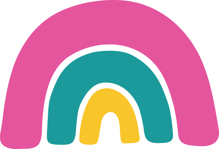 Hand-drawn rainbow with pink, teal, and yellow arches