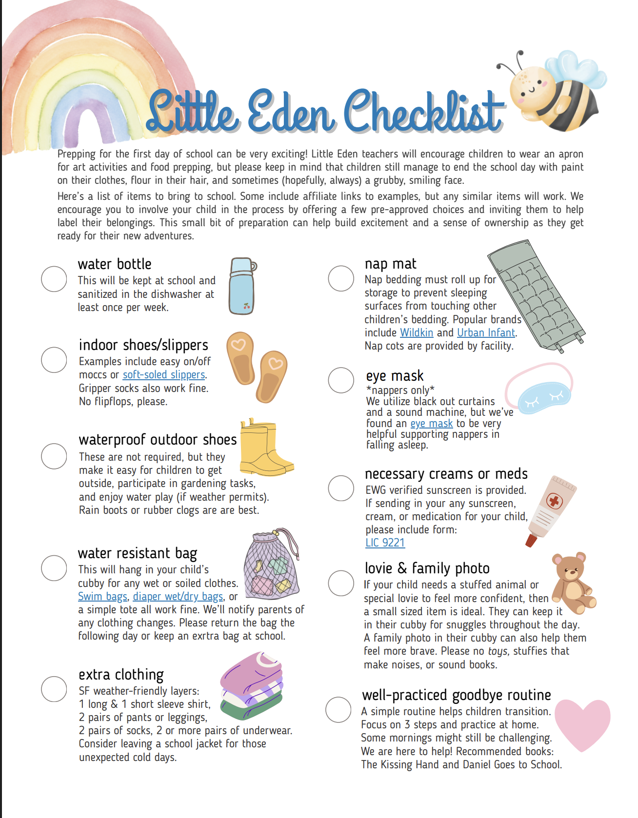 Little Eden School Start Checklist Graphic