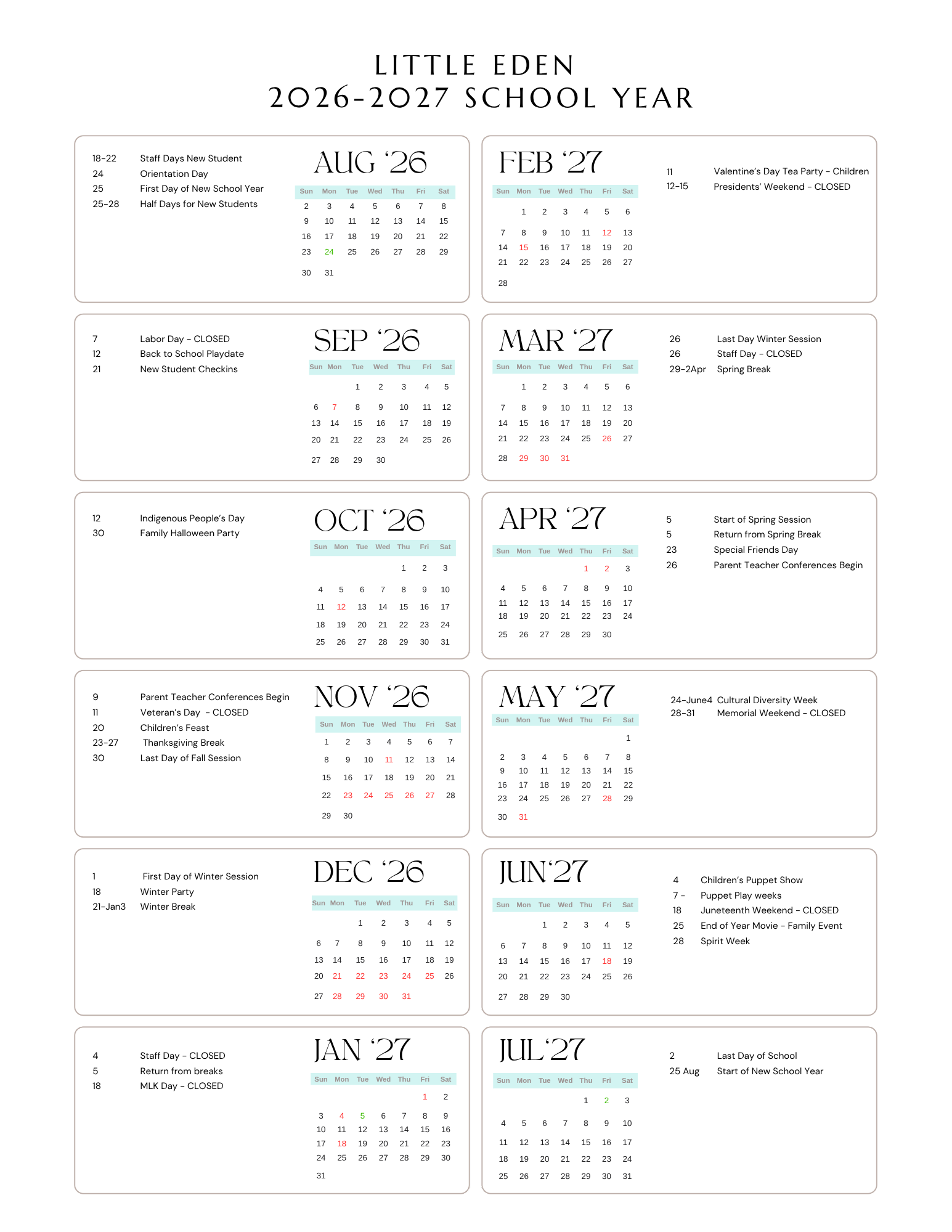 Graphic of Little Eden 2026-2027 calendar