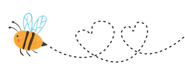 Hand-drawn bumblebee flying along a dashed trail that loops into two hearts