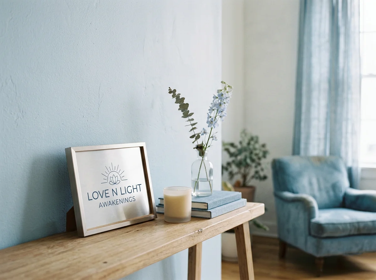 A wooden table with a framed sign that says 'LOVE N LIGHT AWAKENINGS,' a white candle, and a glass vase with green and blue flowers, next to a blue armchair in a bright room with light blue walls and curtains.  CRYSTAL BOWL SOUND HEALING REIKI HOLIST