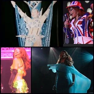 Collage of four images featuring female performers on stage, wearing colorful and elaborate costumes, singing or dancing under bright stage lights.