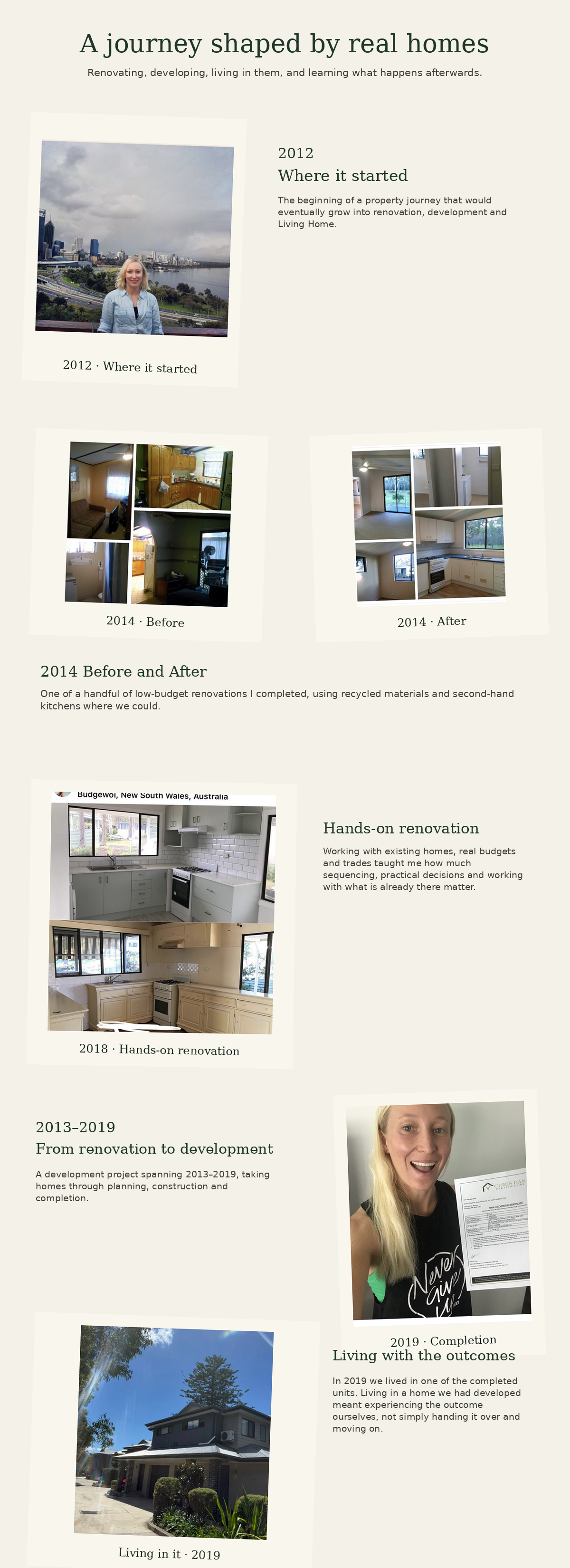 Timeline of a home renovation process from 2012 to 2019, showing before and after photos, renovation projects, and a final photo of a completed house.
