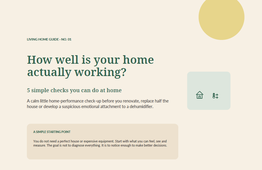 The cover page of a home maintenance guide titled ‘How well is your home actually working?’. It mentions five simple checks at home, with a section labeled ‘A simple starting point’ and an icon of a house and a thermometer.