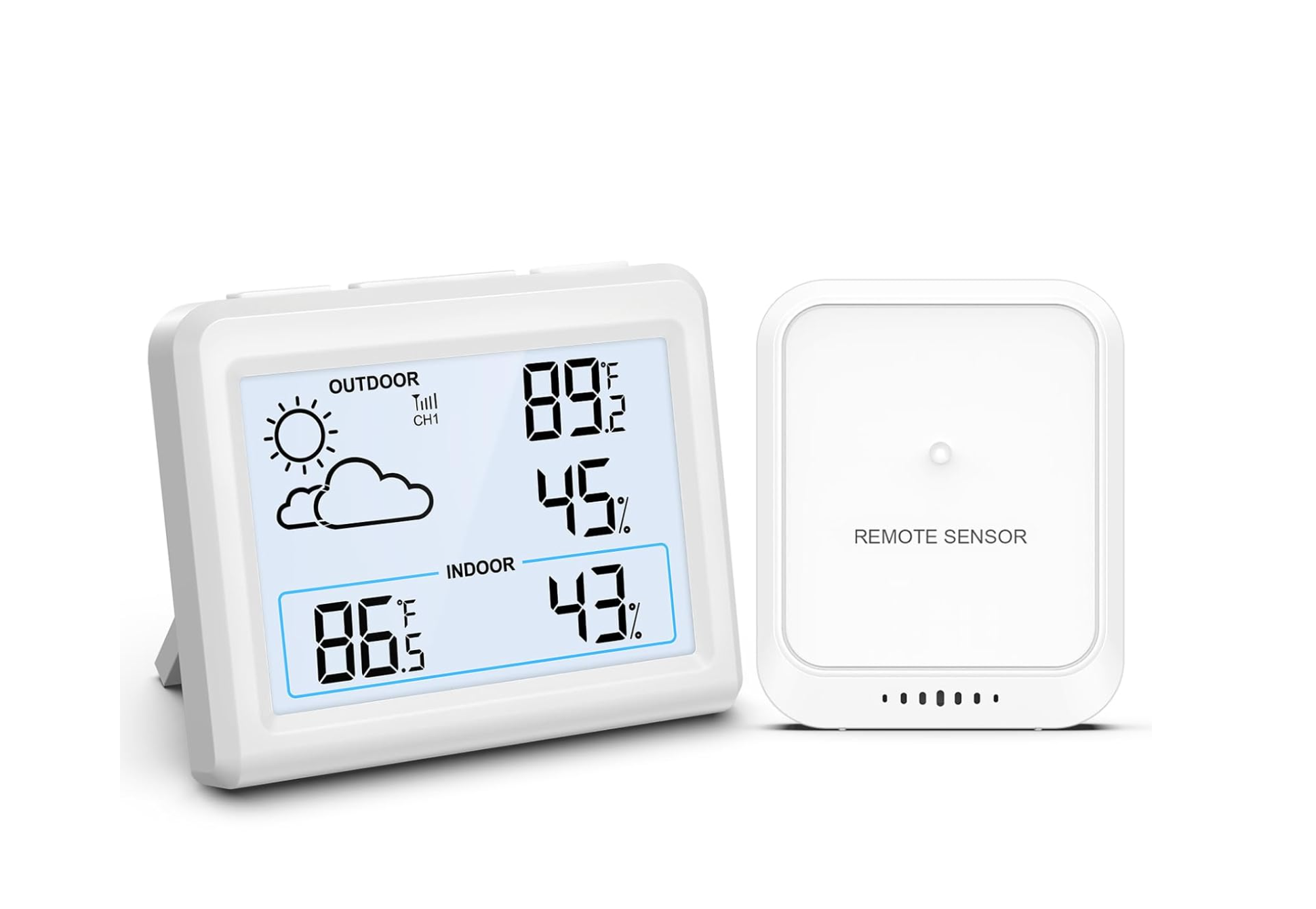 A digital weather station displaying outdoor and indoor temperature and humidity, with a remote sensor next to it.