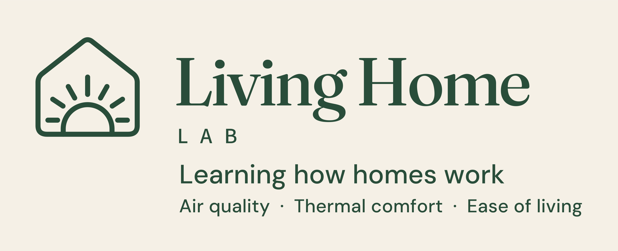 Living Home Lab logo with house and sun icon, text 'Living Home LAB', tagline 'Learning how homes work, air quality, thermal comfort, ease of living'.