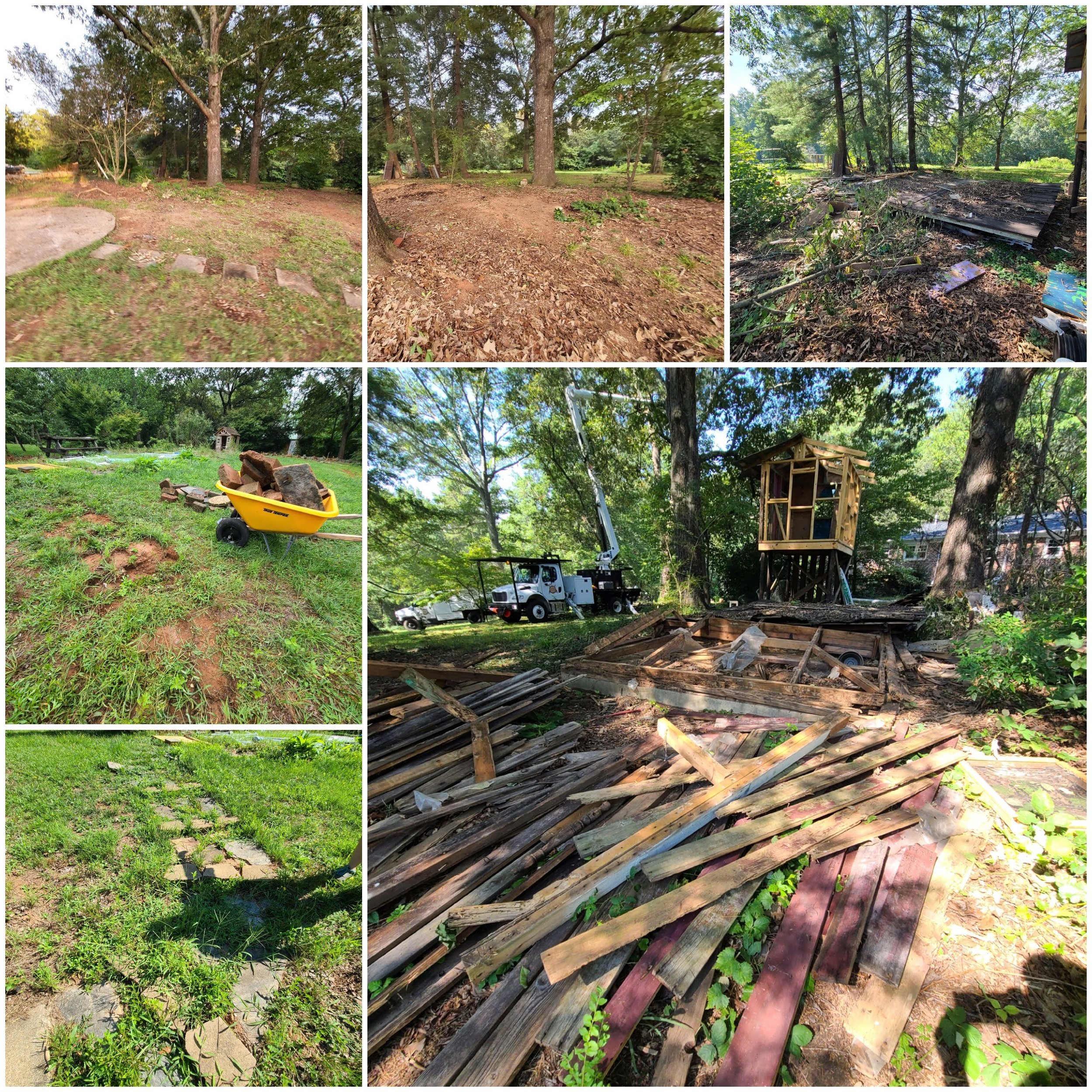 OTG Services & Logistics yard debris removal and demolition cleanup in Memphis, TN — before and after progression showing a cleared yard, mulch-covered area, demolition debris, and treehouse construction cleanup.