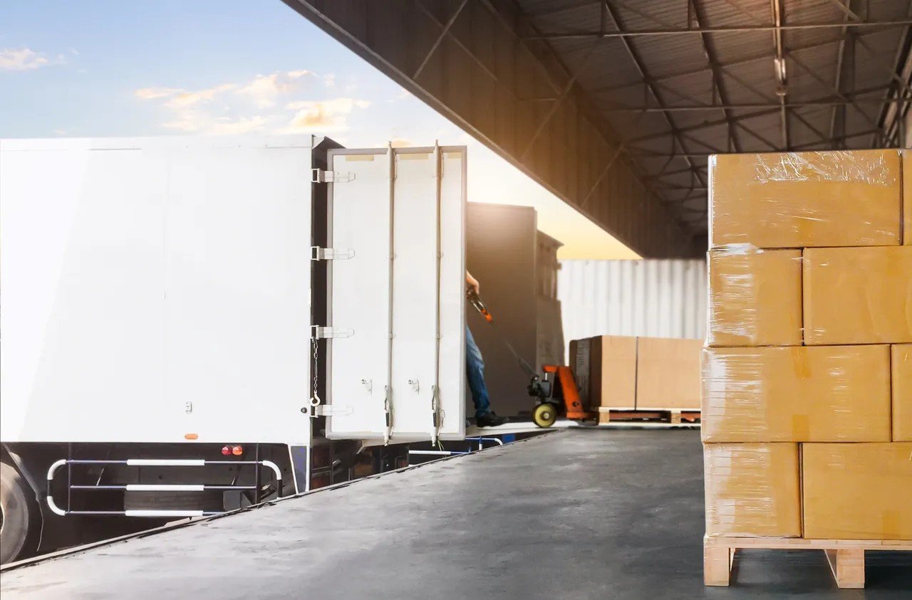 Loading a pallet jack with boxes during a commercial hauling and logistics job in Memphis, TN.