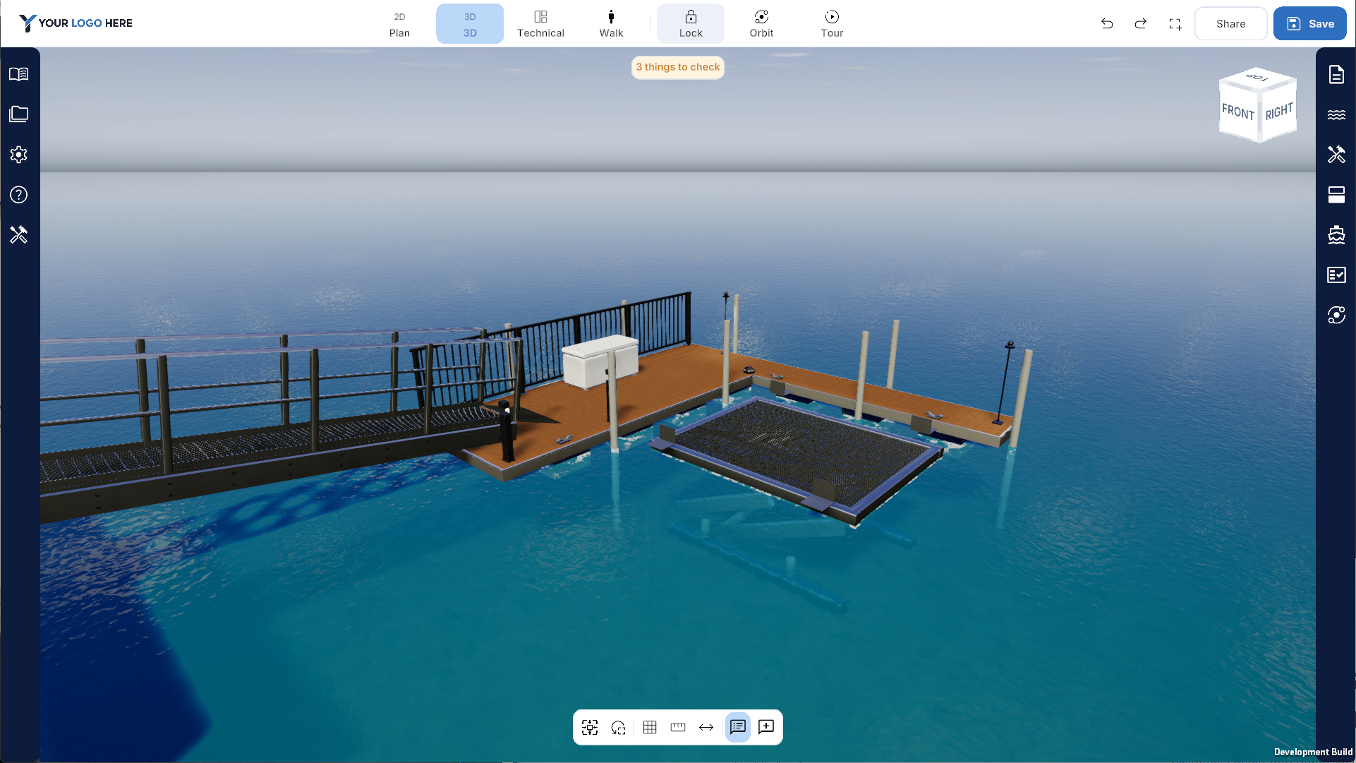 3D model of a floating dock with railings, white storage box, and poles on a body of water under a cloudy sky.