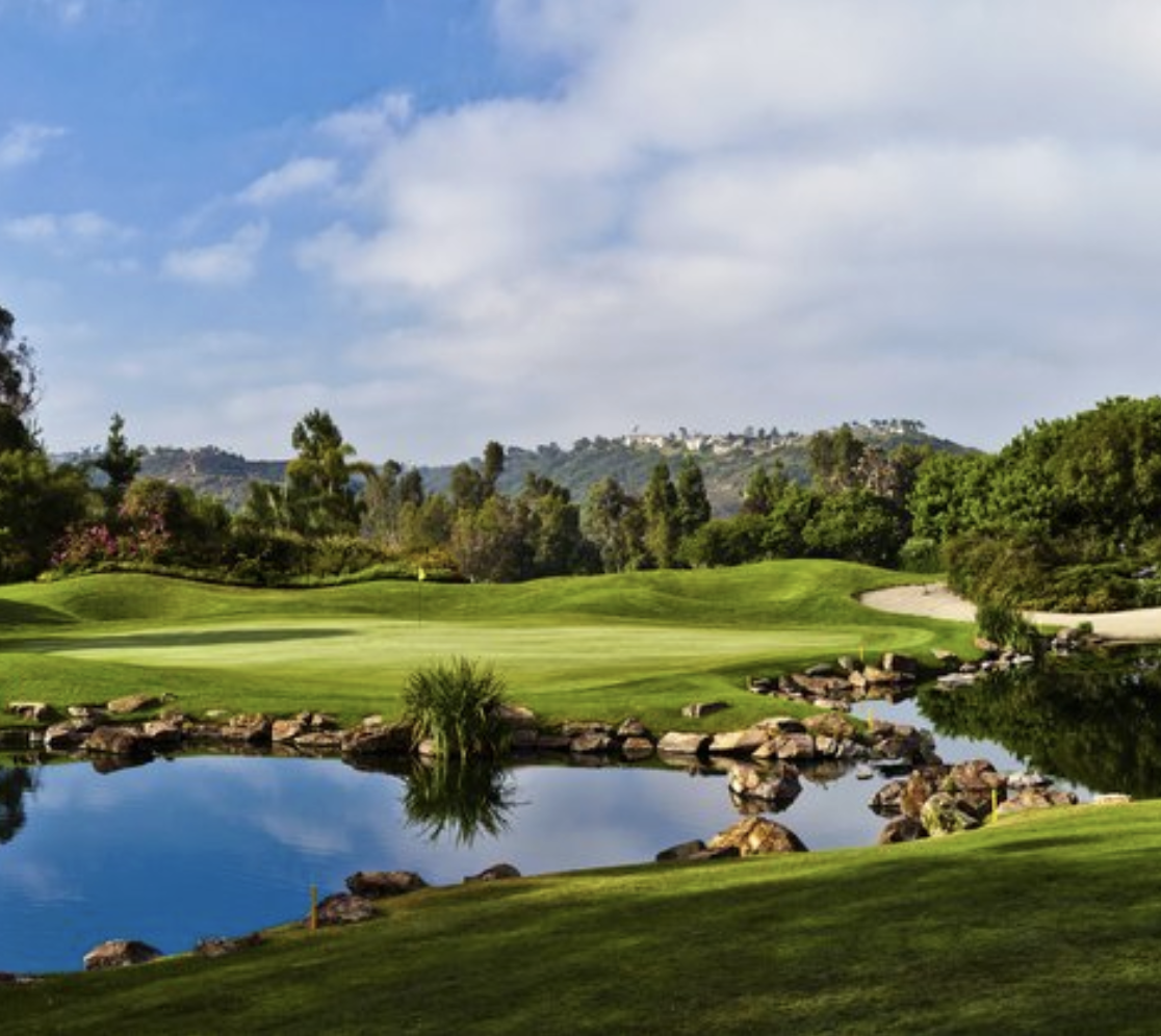 A scenic golf course with lush green fairways, a small pond with rocks and plants, surrounded by trees, under a partly cloudy sky.