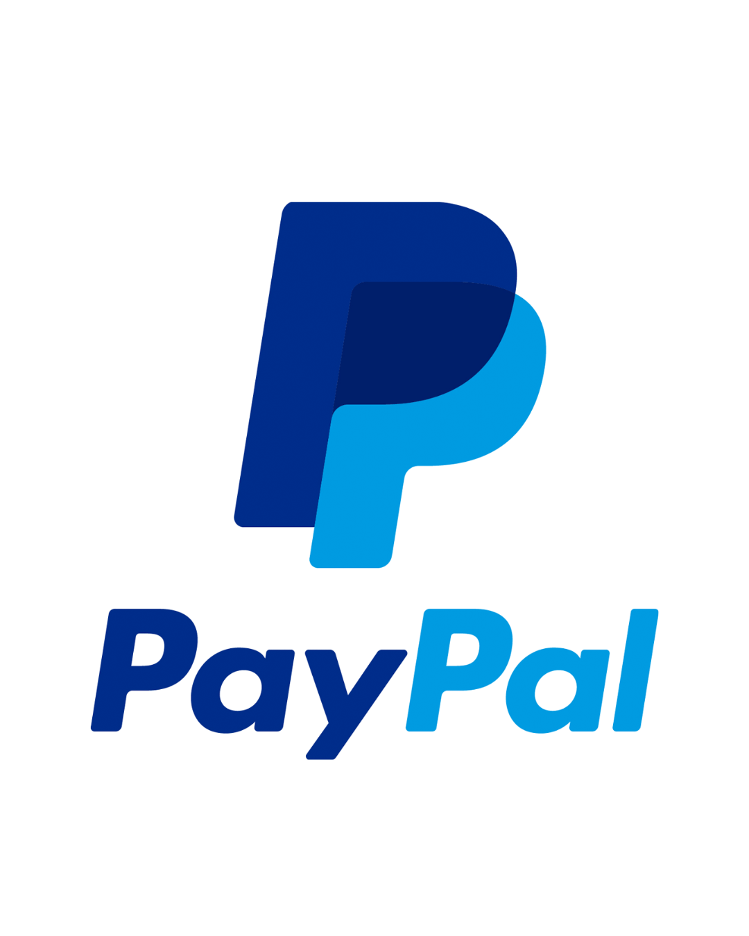 PayPal logo with a stylized 'P' in dark and light blue, and the word 'PayPal' below in matching blue fonts.