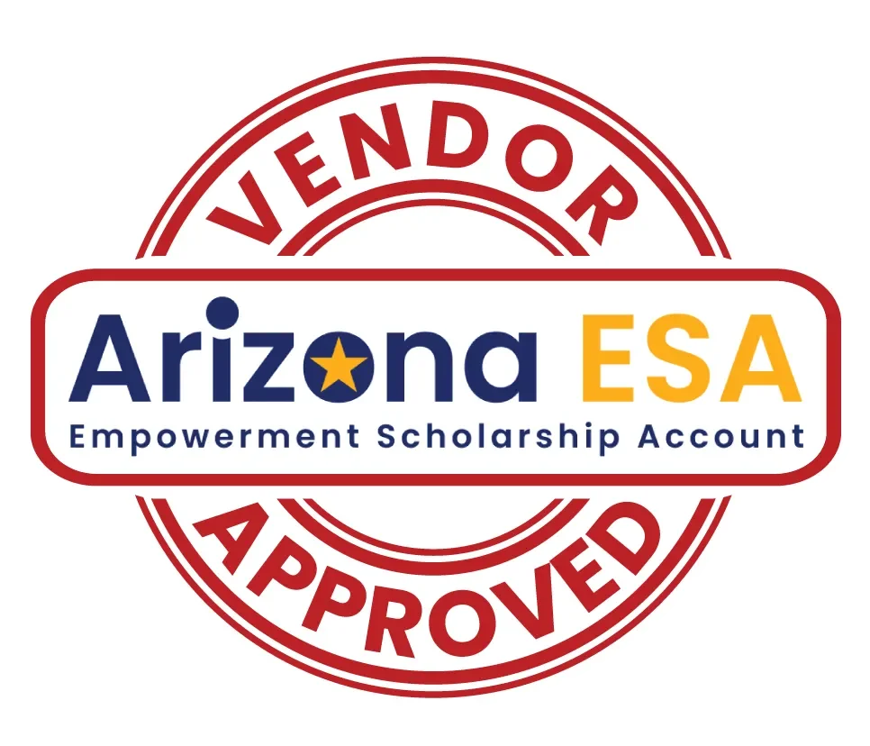 Red circular stamp with the words "VENDOR APPROVED" surrounding a white rectangle with rounded edges, containing the text "Arizona ESA" and "Empowerment Scholarship Account" underneath.