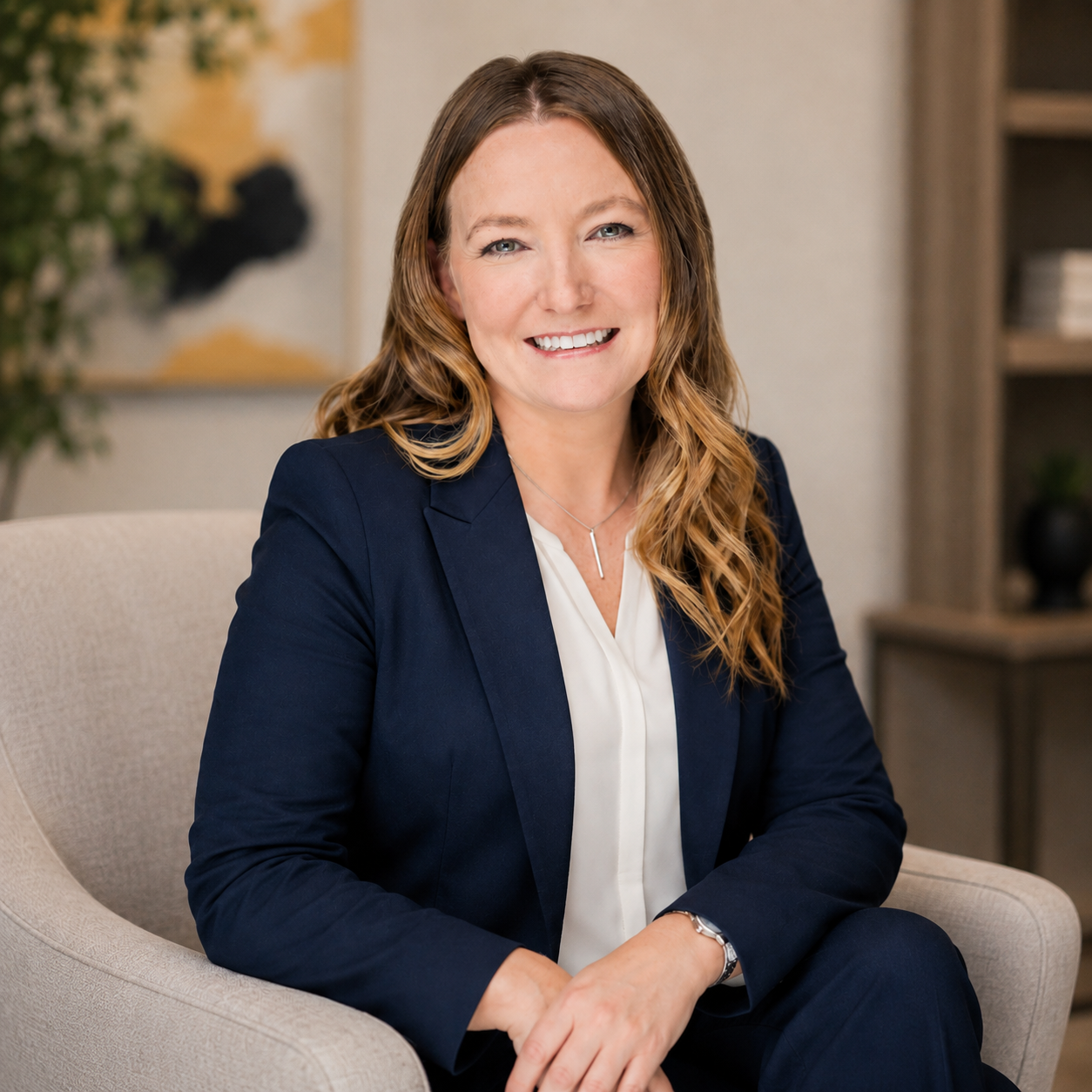 A woman with long wavy hair, wearing a navy blazer and white blouse, sitting on a beige armchair and smiling at the camera in a professional setting.