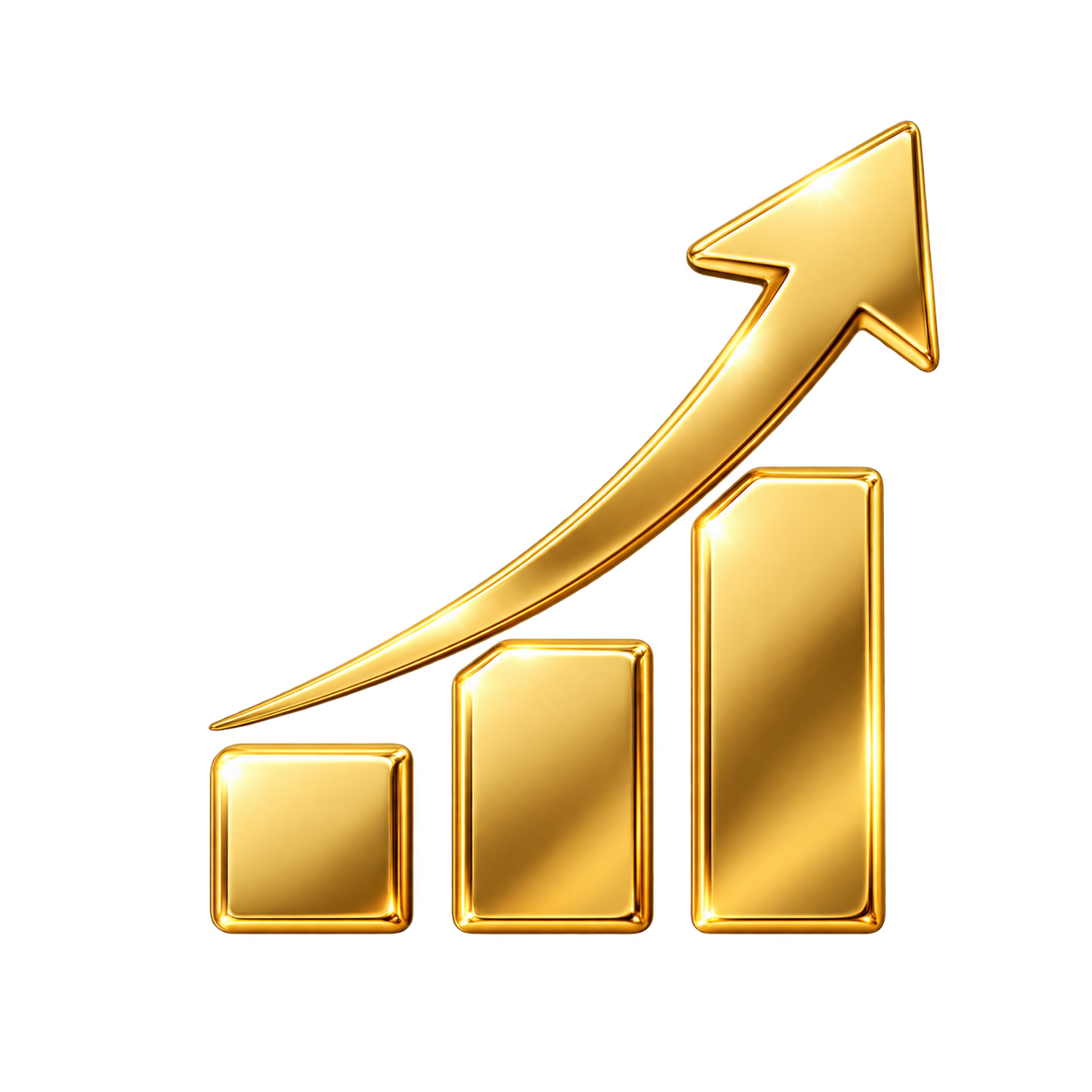 Gold 3D bar chart with ascending bars and an upward arrow indicating growth or progress.