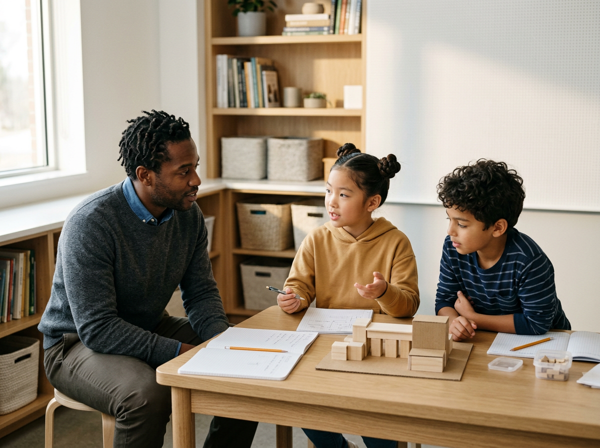 An adult man and two children engaged in a discussion at a desk in a classroom or study room, with educational materials and books around them.