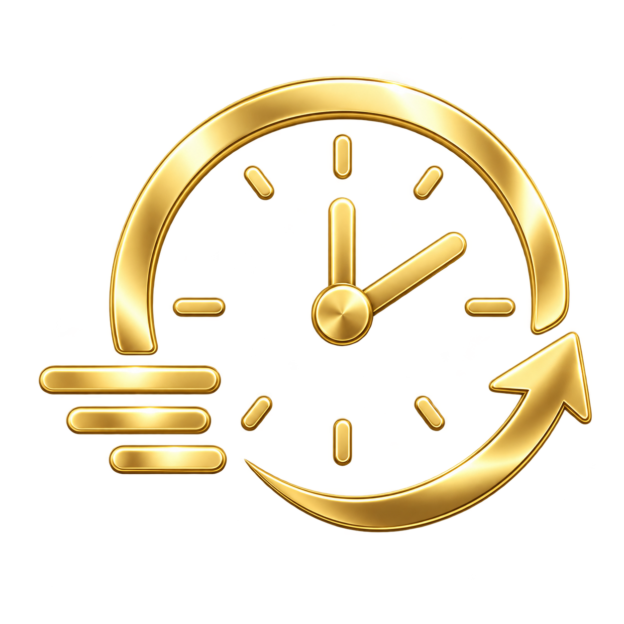 A gold clock showing 3:00 with motion lines and a circular arrow wrapping around it, symbolizing time or speed.