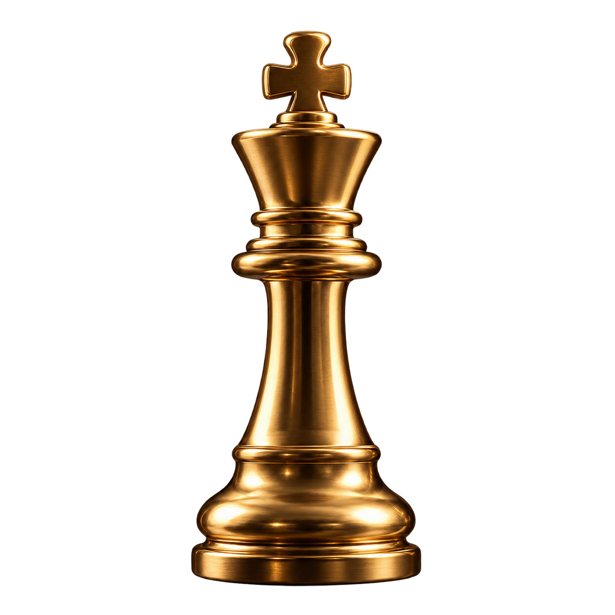 A gold-colored chess king piece on a black background.