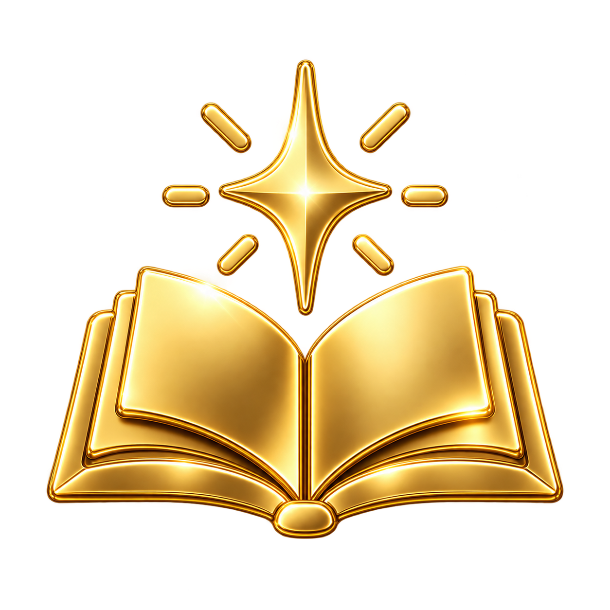 A golden open book with a shiny starburst above it and eight rays extending outward.
