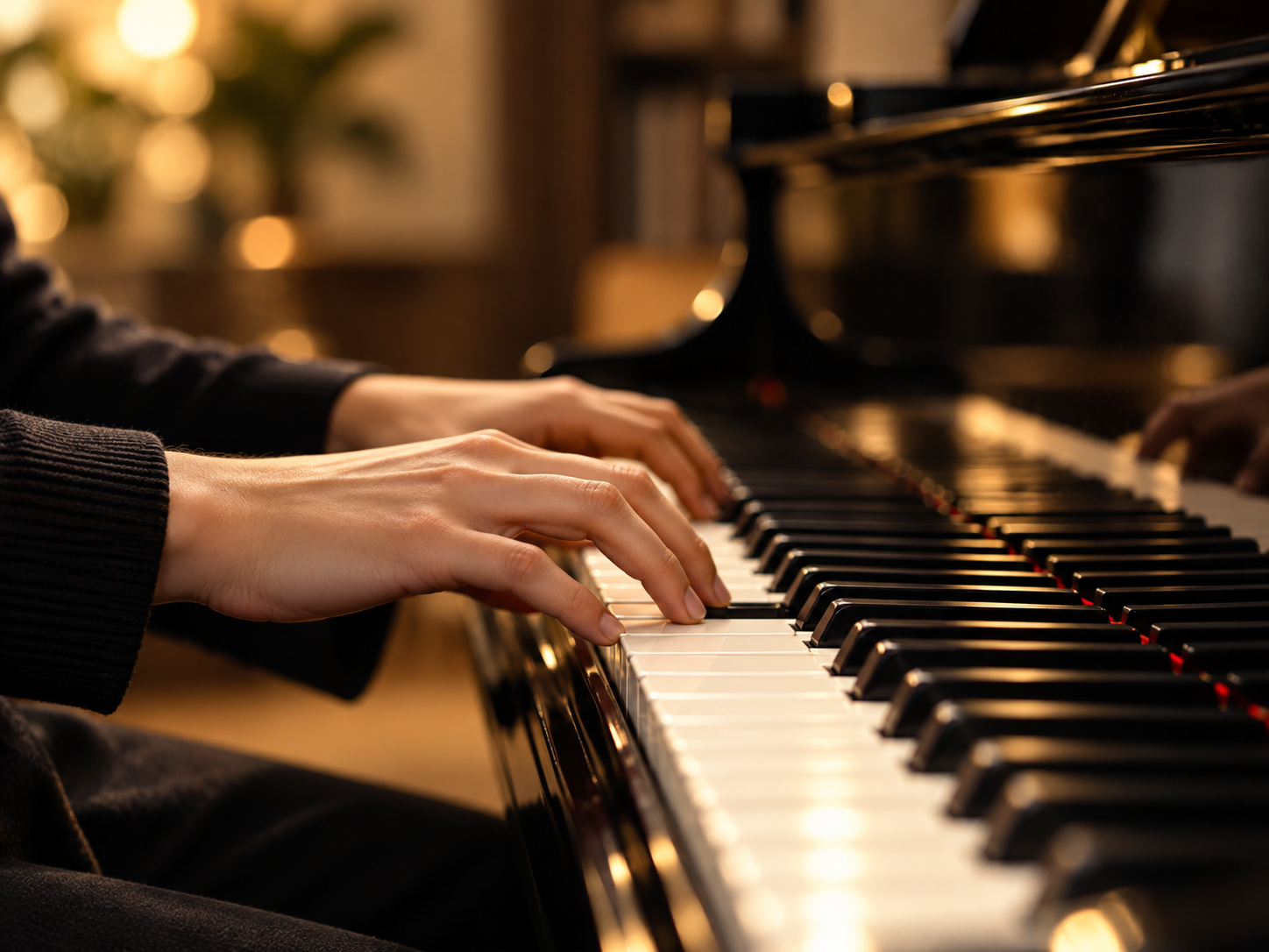 Close-up of a person's hands playing a black grand piano, with a warm, softly lit background.