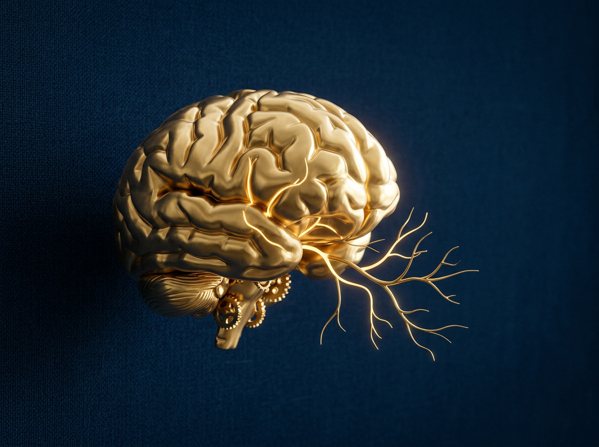 A model of a human brain made of gold, with illuminated neural connections, set against a dark blue background.