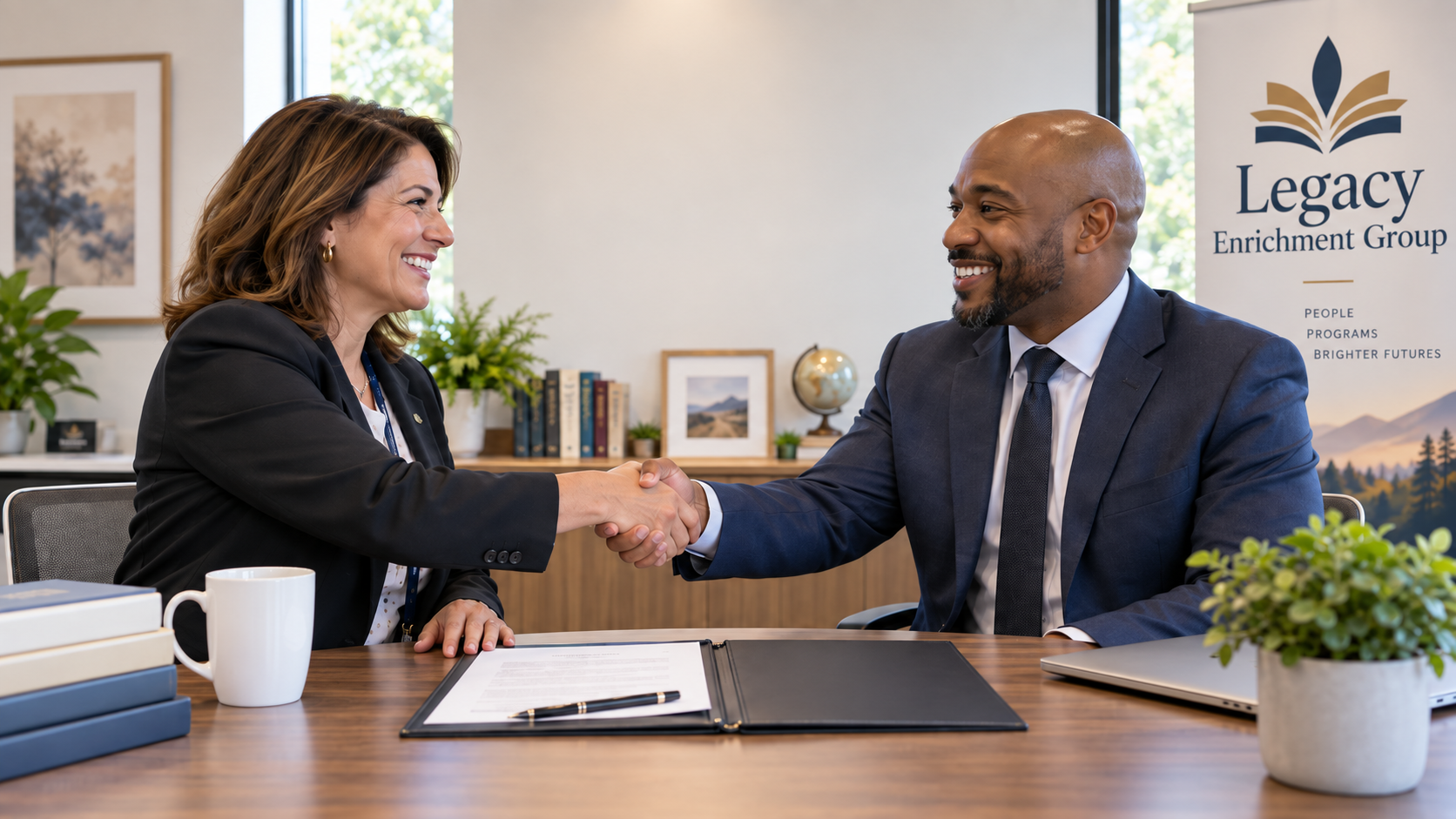 Two professionals, a woman and a man, shake hands in a conference room, smiling. They are seated at a table with documents, a laptop, and a plant. Behind them is a banner for Legacy Enrichment Group and a window with trees outside.