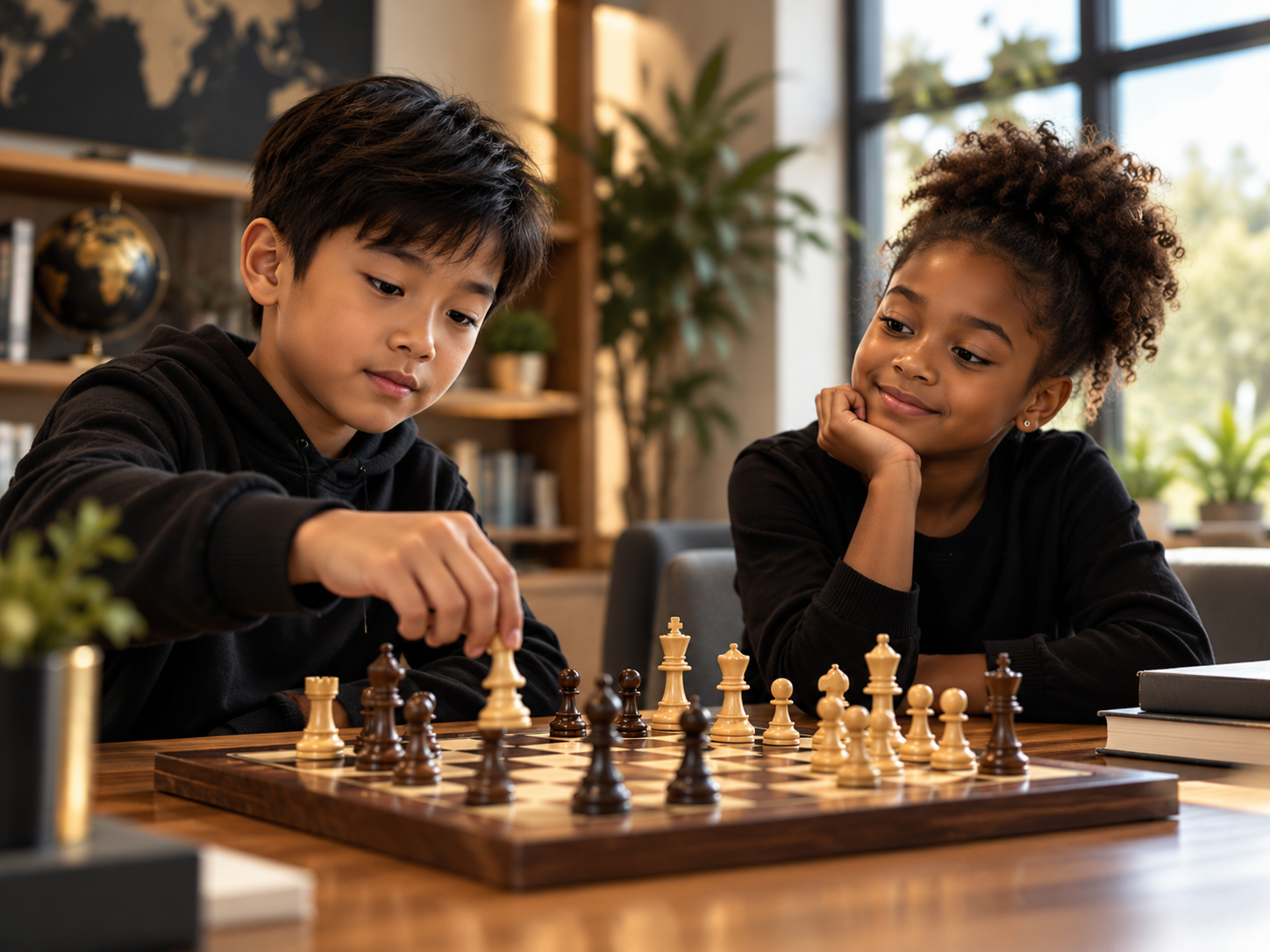 Two children, a boy and a girl, playing chess at a table in a well-lit room with large windows and furniture in the background.