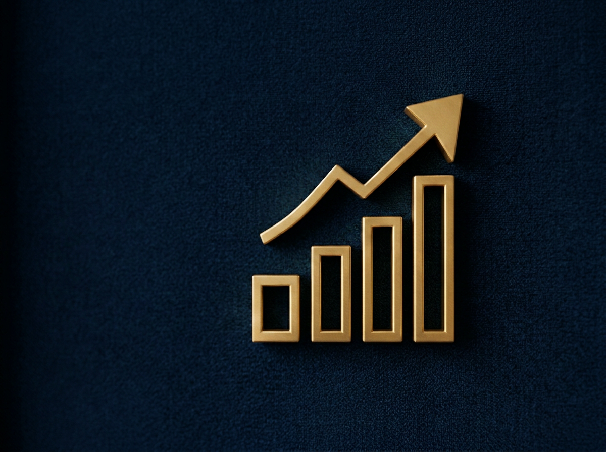 Gold-colored bar graph with four bars increasing in height from left to right and an upward arrow above the bars indicating growth or success